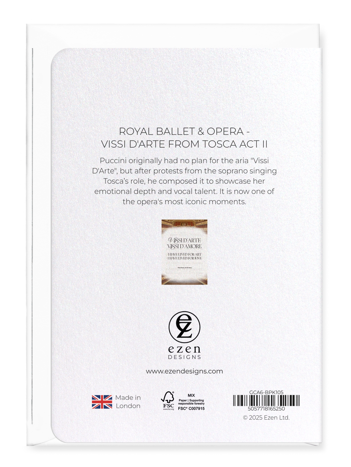 Ezen Designs - Royal Ballet & Opera - VISSI D'ARTE FROM TOSCA ACT II - Greeting Card - Back