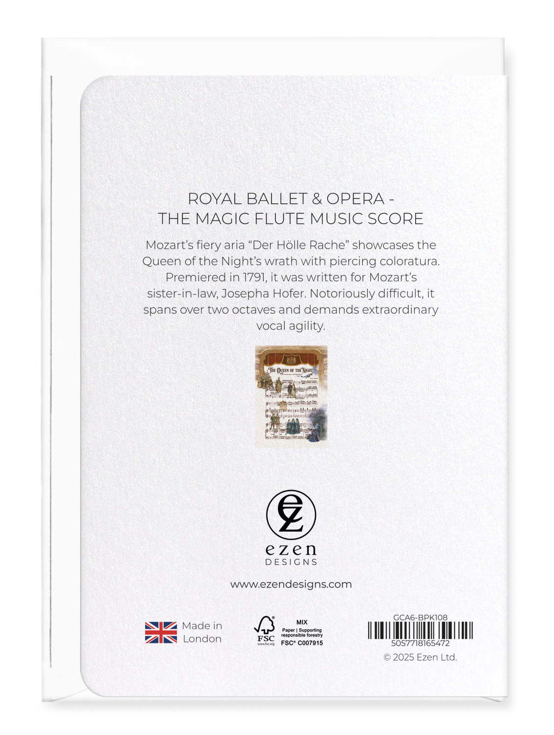 Ezen Designs - Royal Ballet & Opera - The Magic Flute Music Score - Greeting Card - Back