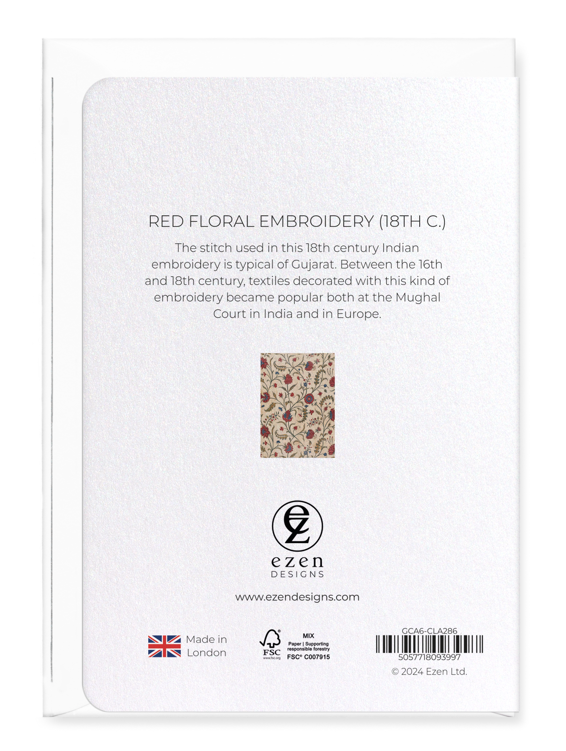 Ezen Designs - Red floral embroidery (18th C.) - Greeting Card - Back