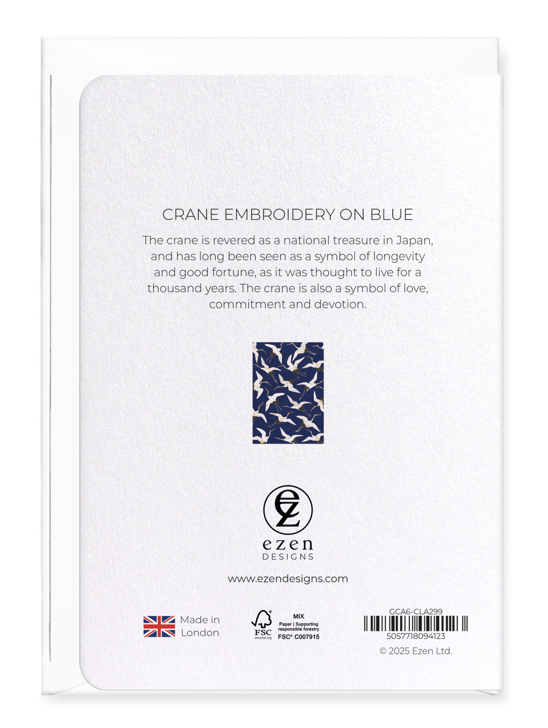 Ezen Designs - Crane embroidery on blue - Greeting Card - Back