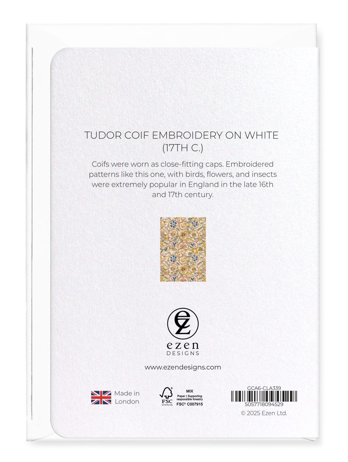 Ezen Designs - Tudor Coif Embroidery on White (17th C.) - Greeting Card - Back