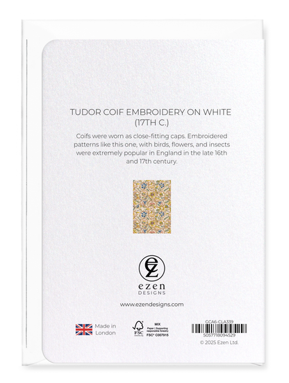 Ezen Designs - Tudor Coif Embroidery on White (17th C.) - Greeting Card - Back