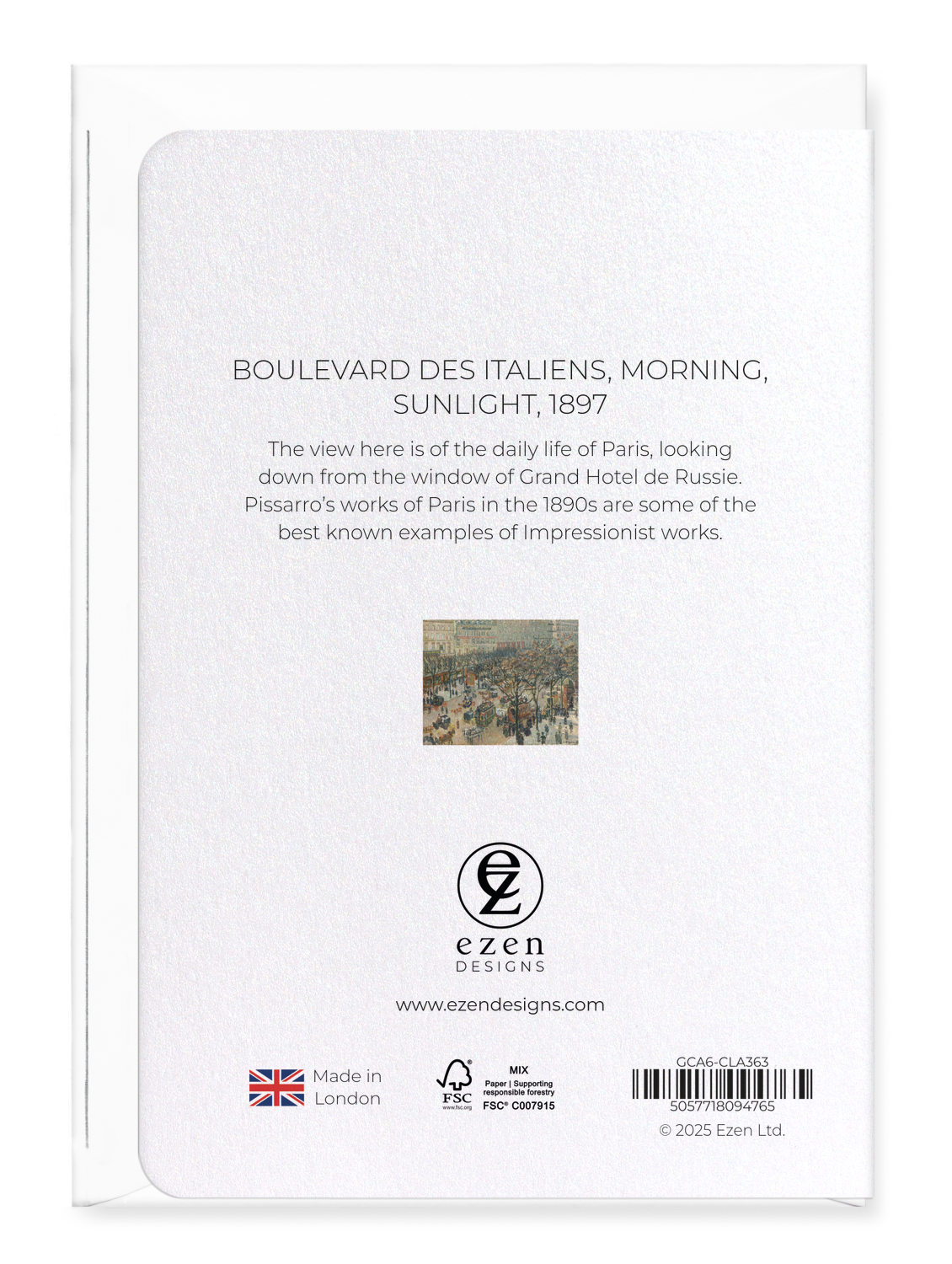 Ezen Designs - Boulevard des Italiens, Morning, Sunlight, 1897 - Greeting Card - Back