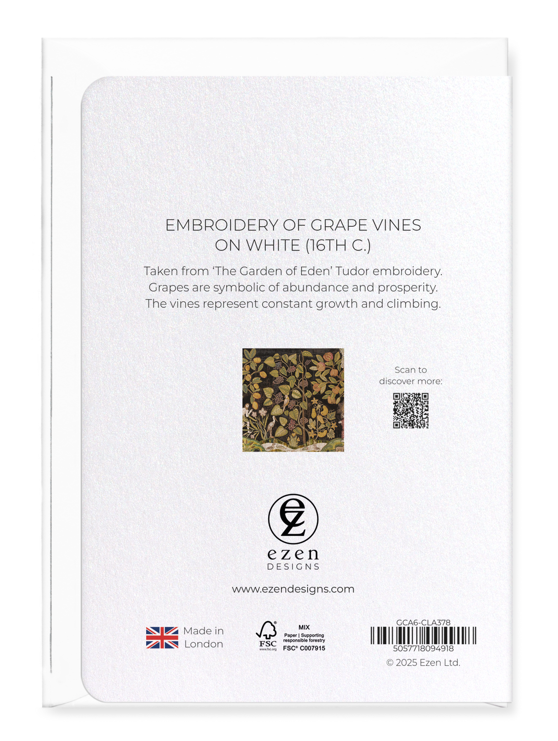 Ezen Designs - Embroidery of Grape Vines on white (16th C.) - Greeting Card - Back
