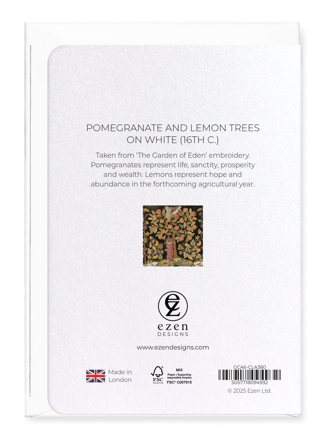 Ezen Designs - Pomegranate and Lemon Trees on white (16th C.) - Greeting Card - Back