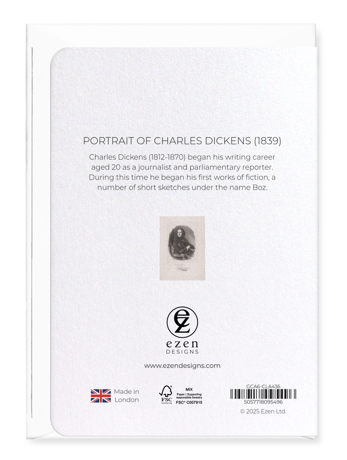 Ezen Designs - Portrait of Charles Dickens (1839) - Greeting Card - Back