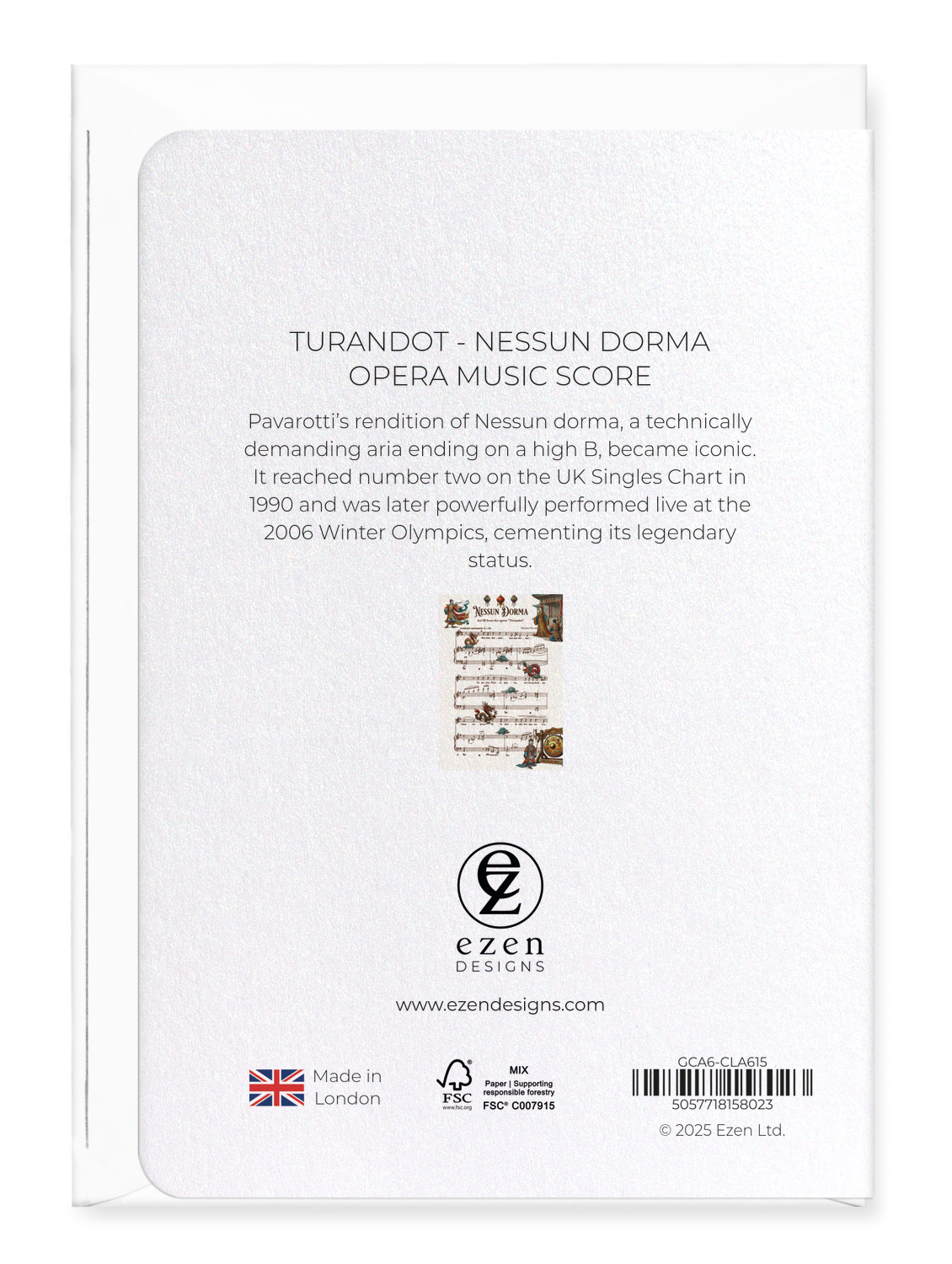 Ezen Designs - TURANDOT - NESSUN DORMA - OPERA MUSIC SCORE - Greeting Card - Back