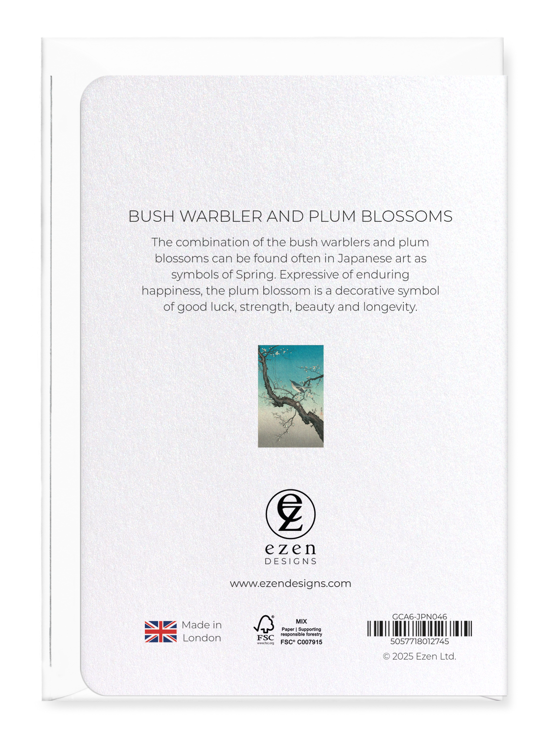 Ezen Designs - Bush warbler and plum blossoms - Greeting Card - Back