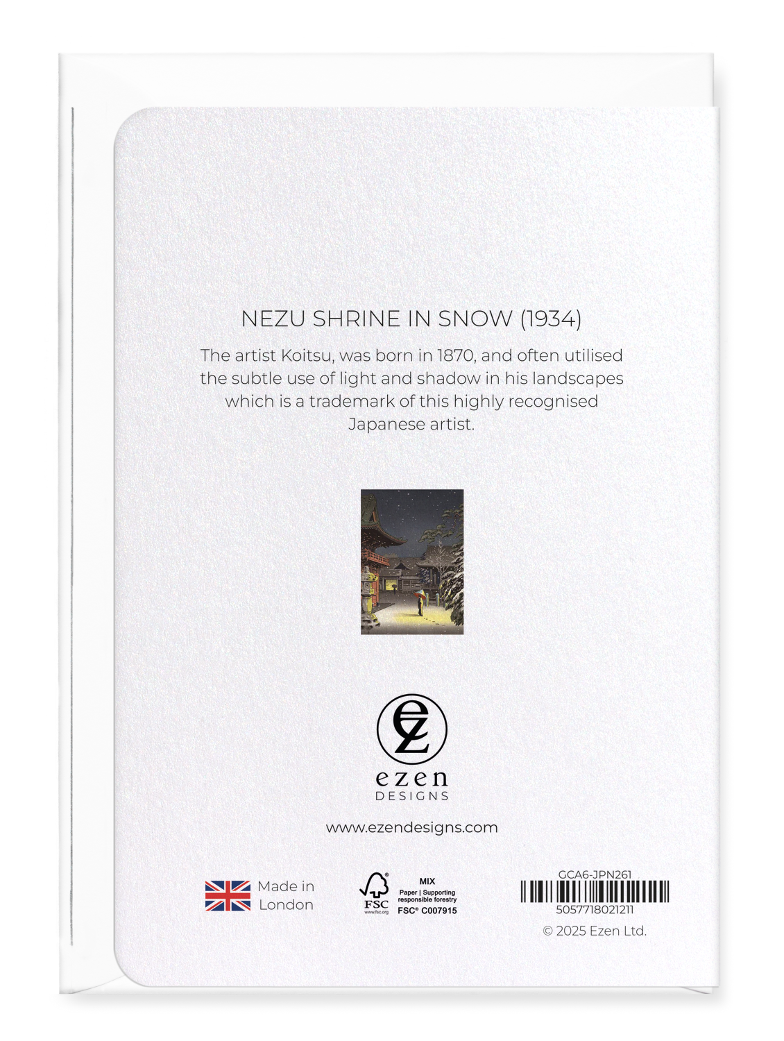 Ezen Designs - Nezu shrine in snow (1934) - Greeting Card - Back