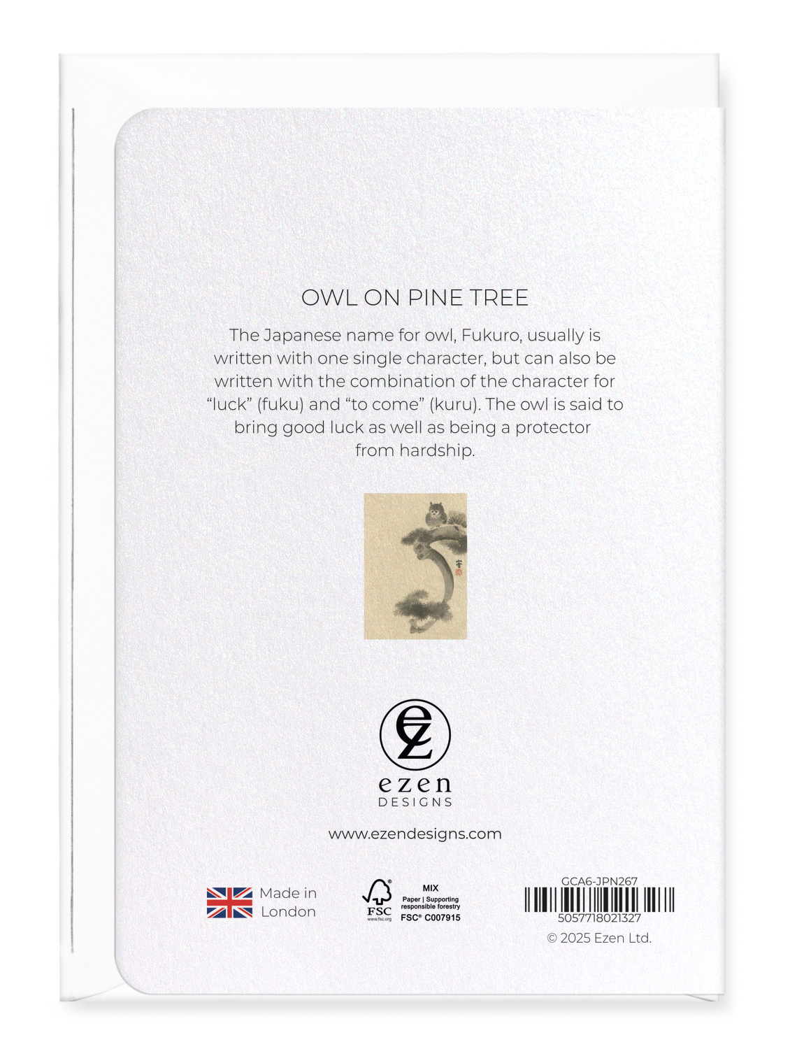 Ezen Designs - Owl on pine tree - Greeting Card - Back