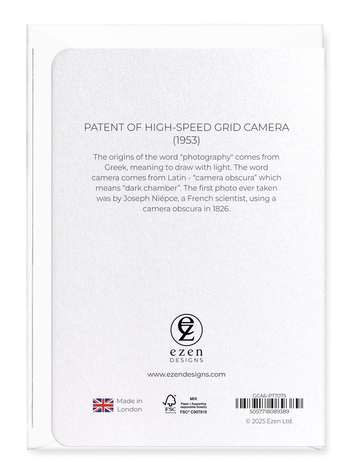 Ezen Designs - Patent of high-speed grid camera (1953) - Greeting Card - Back