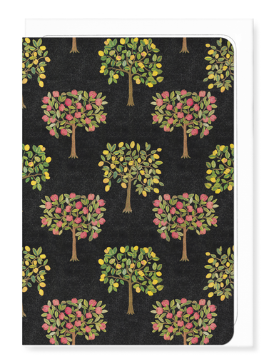 Ezen Designs - Pomegranate and Lemon Trees on black (16thC) - Greeting Card - Front
