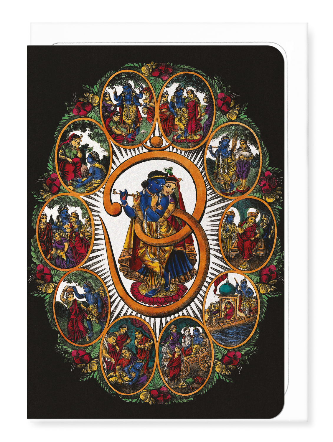 Ezen Designs - RADHA ET KRISHNA INSCRITS DANS UN "OM" - Greeting Card - Front