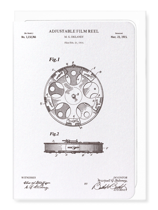 Ezen Designs - Patent of adjustable film reel (1915) - Greeting Card - Front