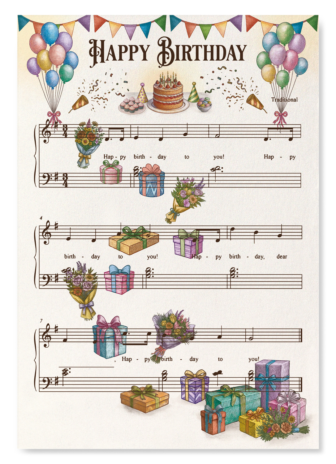 BIRTHDAY MUSIC SCORE: Victorian Art Print