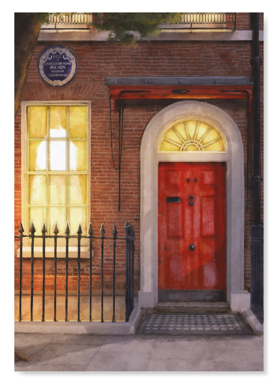 FRONT DOOR OF CHARLES DICKENS MUSEUM NIGHT: Watercolour Art Print