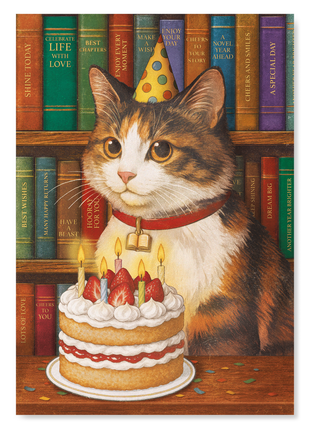 BIRTHDAY CAT AND BOOKS: Painting Art Print