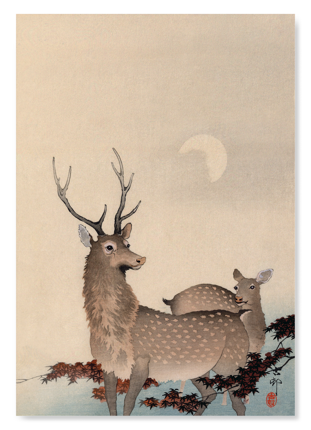 TWO DEER AND MAPLE: Japanese Art Print
