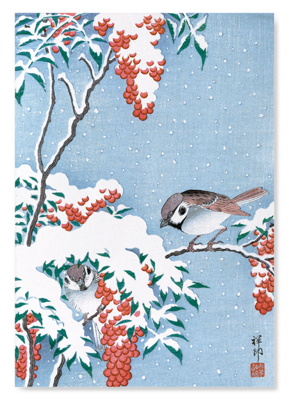 SPARROWS ON NANDINA: Japanese Art Print