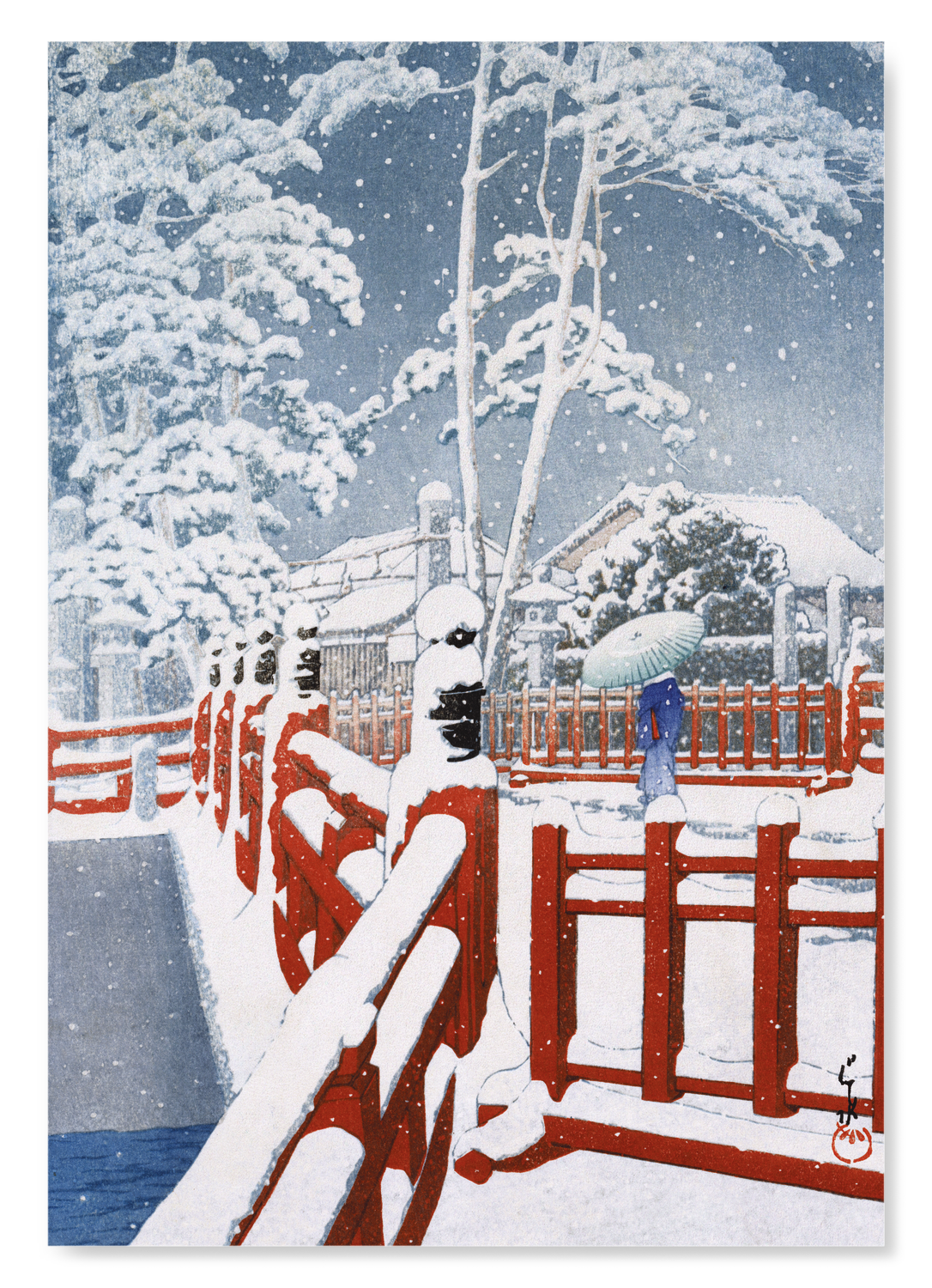 SNOW AT BRIDGE: Japanese Art Print