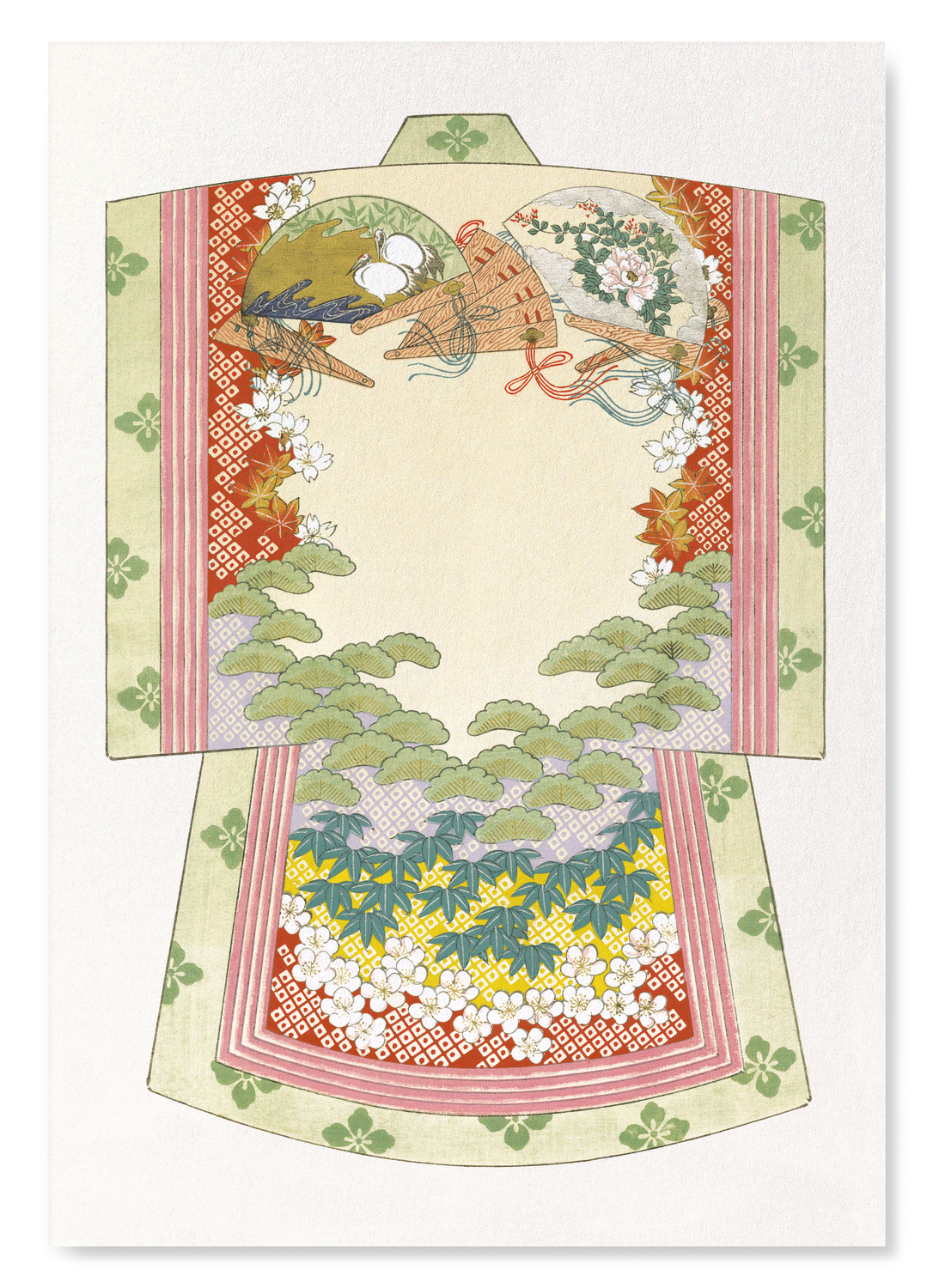 KIMONO OF LUCKY SYMBOLS AND WOODEN FANS (1899): Japanese Art Print