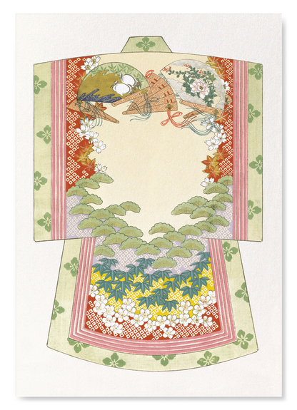 KIMONO OF LUCKY SYMBOLS AND WOODEN FANS (1899): Japanese Art Print