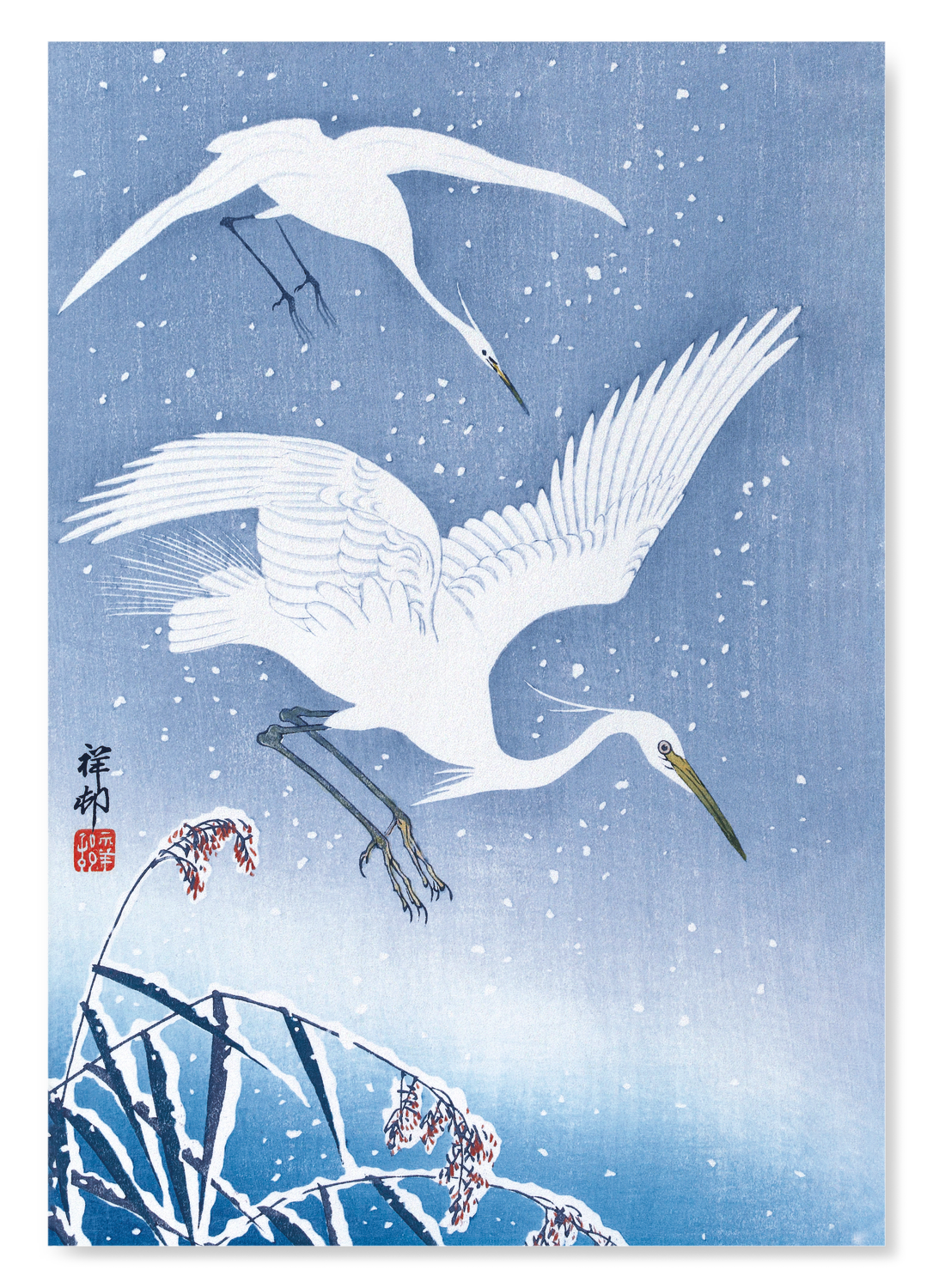 EGRETS DESCENDING IN SNOW: Japanese Art Print