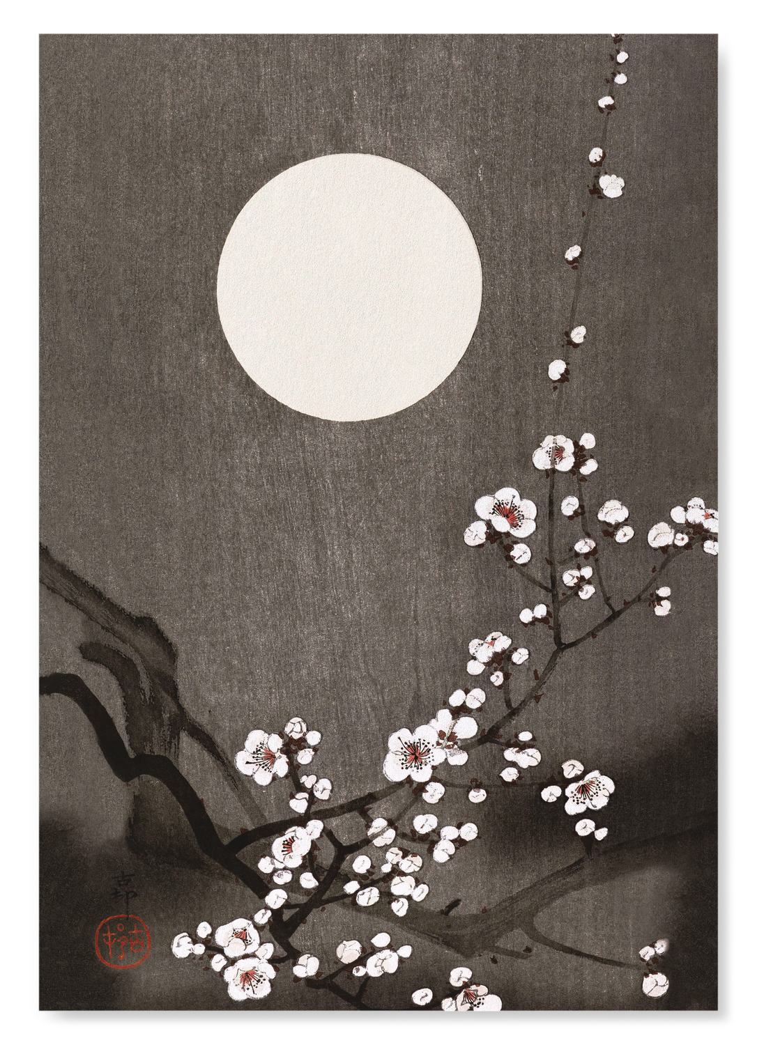 FLOWERING PLUM BLOSSOM AT FULL MOON: Japanese Art Print
