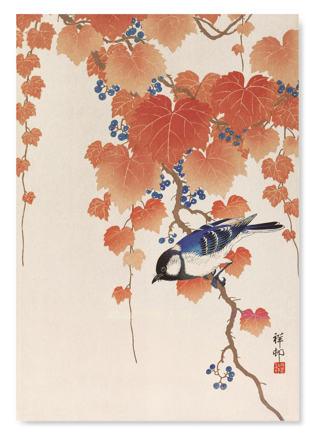 BIRD AND RED IVY: Japanese Art Print
