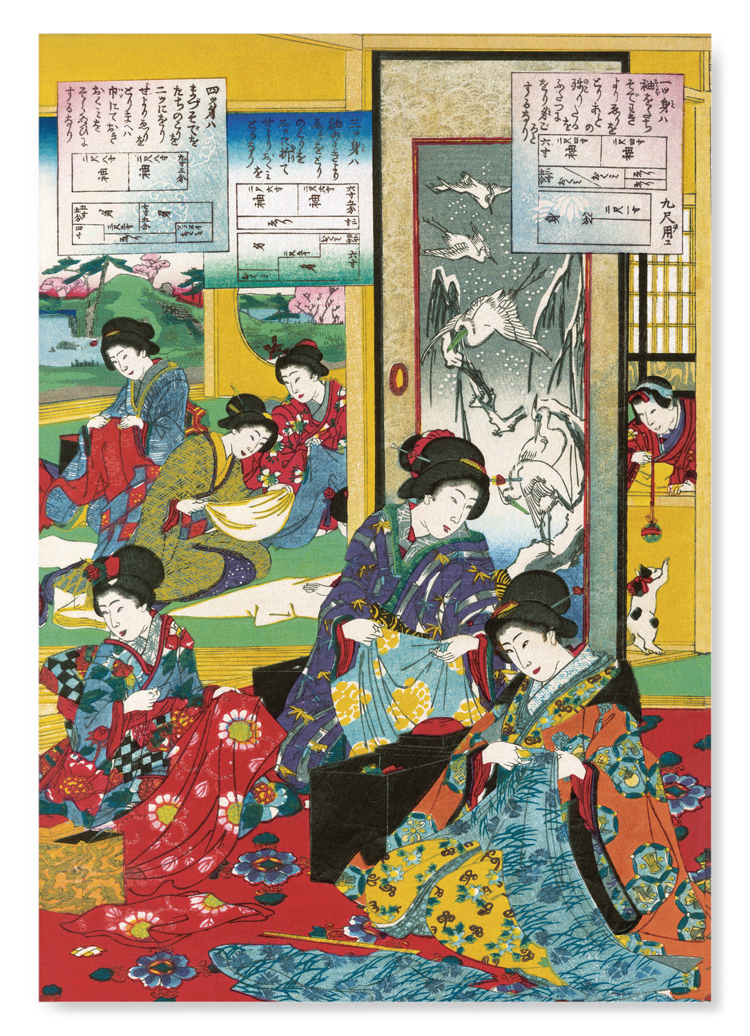 BEAUTIES MAKING KIMONO- MIDDLE (1885): Japanese Art Print