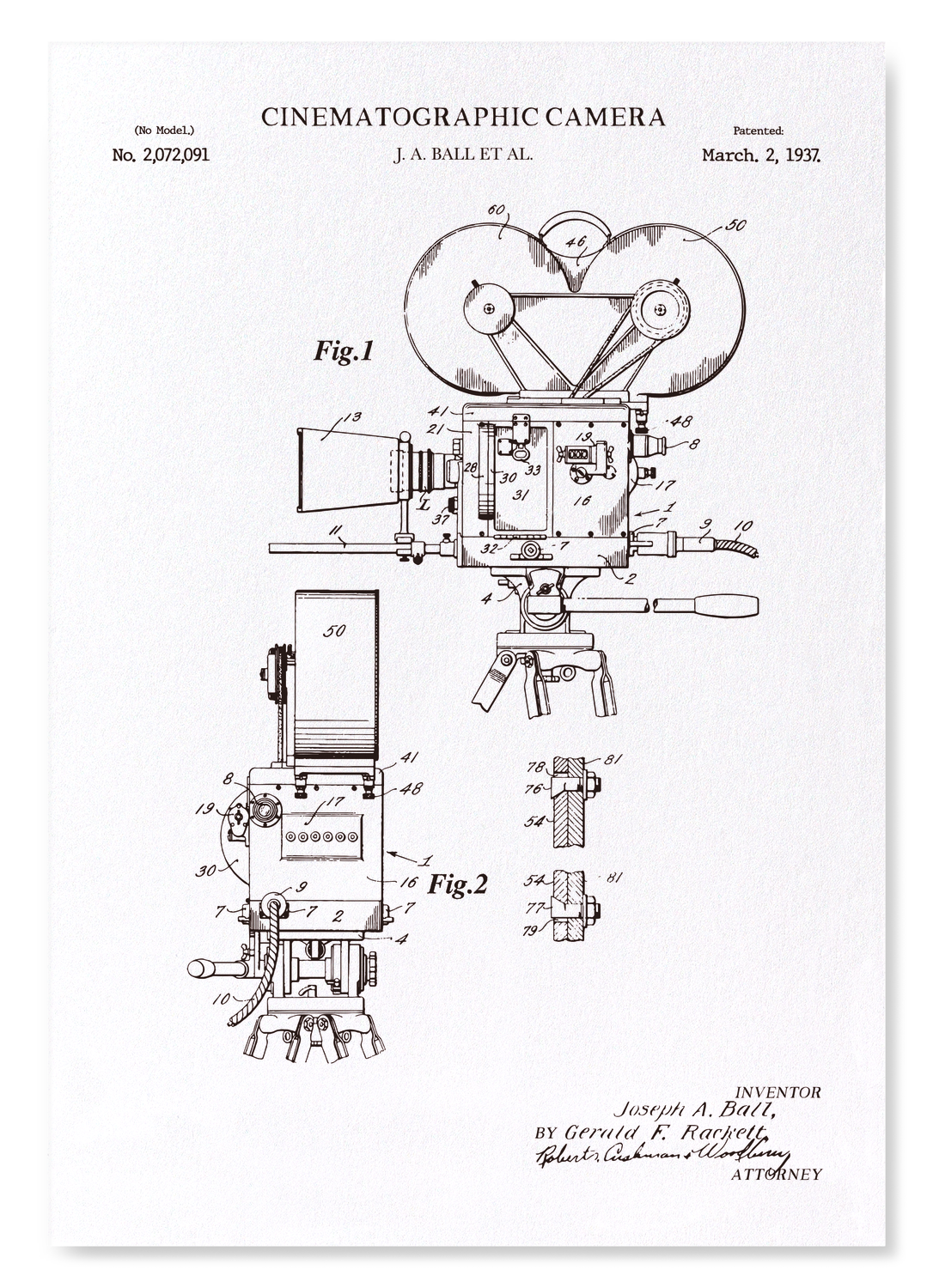 PATENT OF CINEMATOGRAPHY CAMERA (1937): Patent Art Print