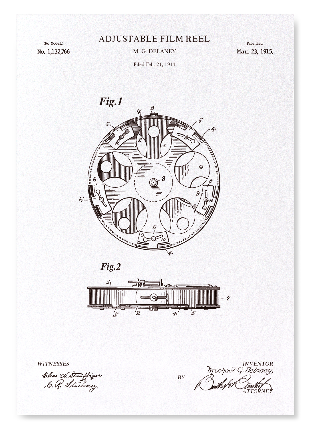 PATENT OF ADJUSTABLE FILM REEL (1915): Patent Art Print