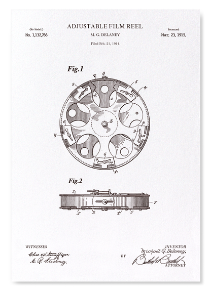 PATENT OF ADJUSTABLE FILM REEL (1915): Patent Art Print