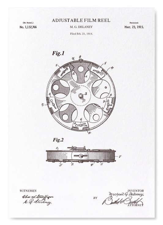 PATENT OF ADJUSTABLE FILM REEL (1915): Patent Art Print