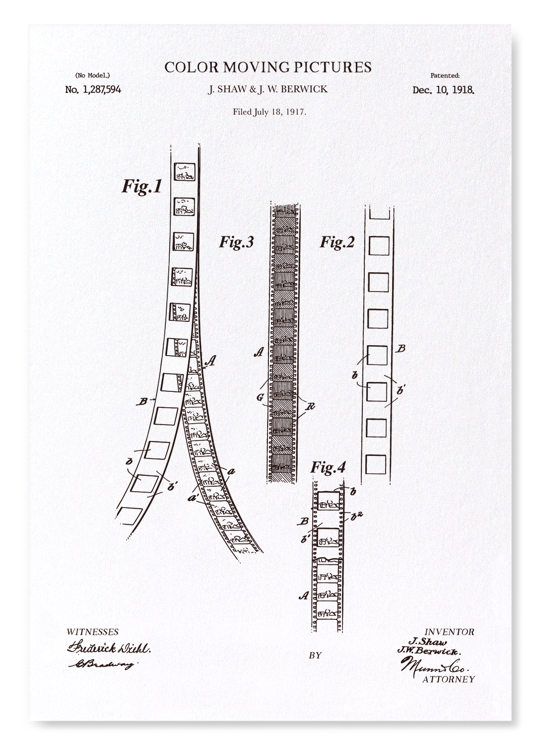 PATENT OF COLOUR MOVING PICTURES (1918): Patent Art Print