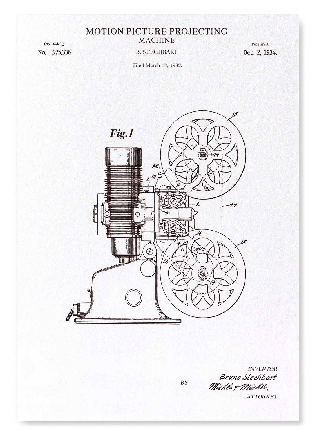 PATENT OF MOTION PICTURE PROJECTING MACHINE (1934): Patent Art Print