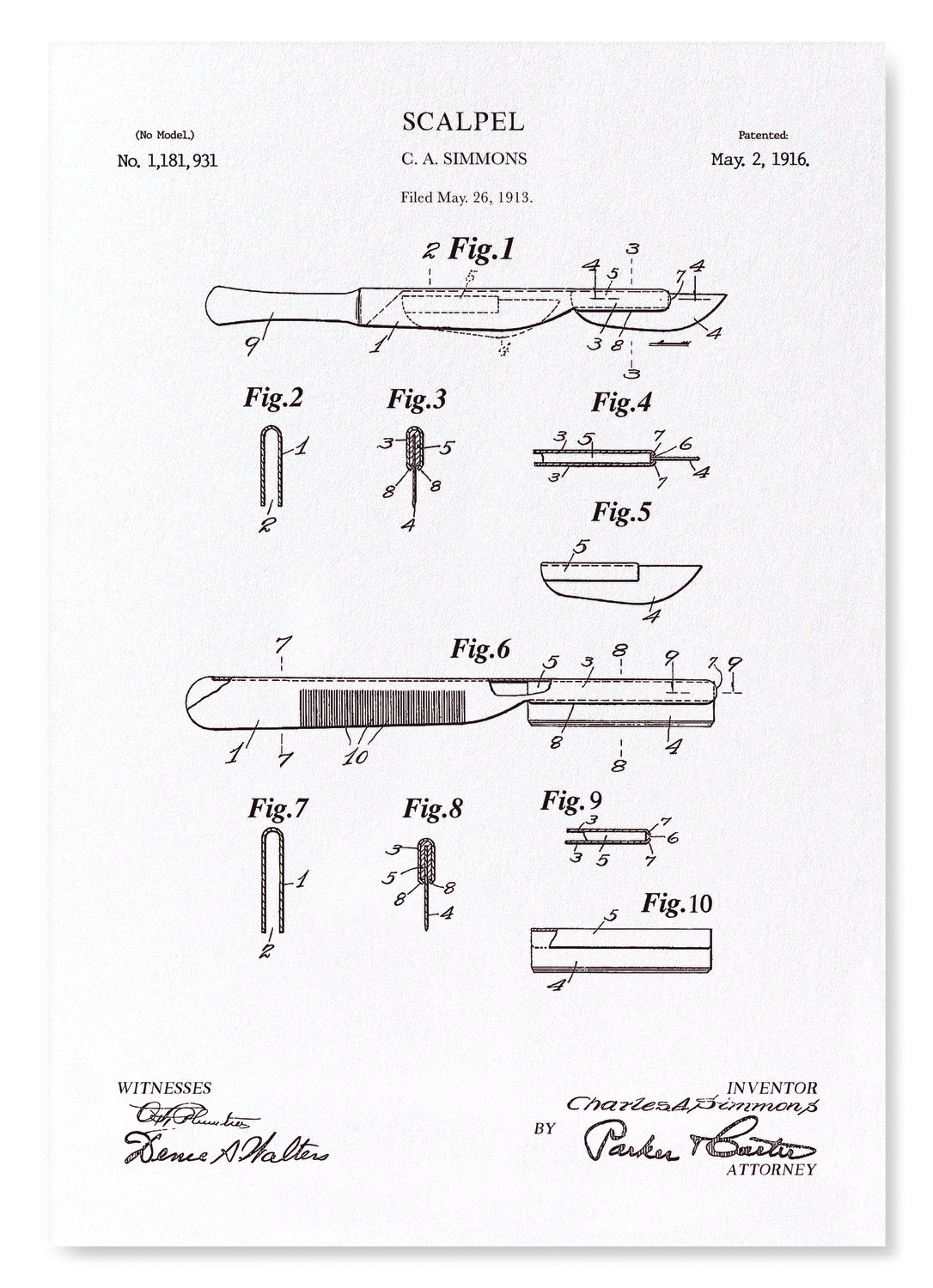 PATENT OF SCALPEL (1916): Patent Art Print