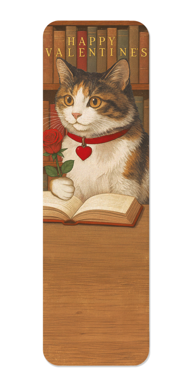 Ezen Designs - Happy Valentine's Reading Cat - Bookmark - Front