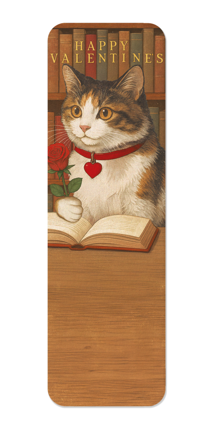 Ezen Designs - Happy Valentine's Reading Cat - Bookmark - Front
