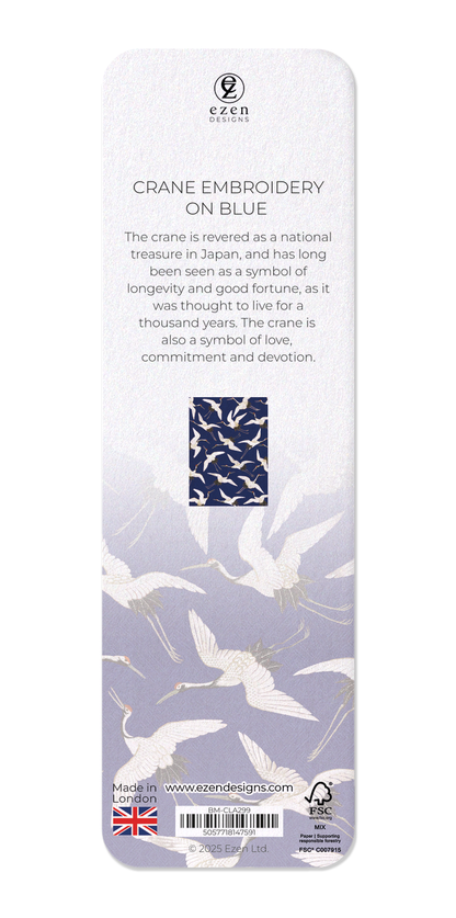 Ezen Designs - Crane embroidery on blue - Bookmark - Back