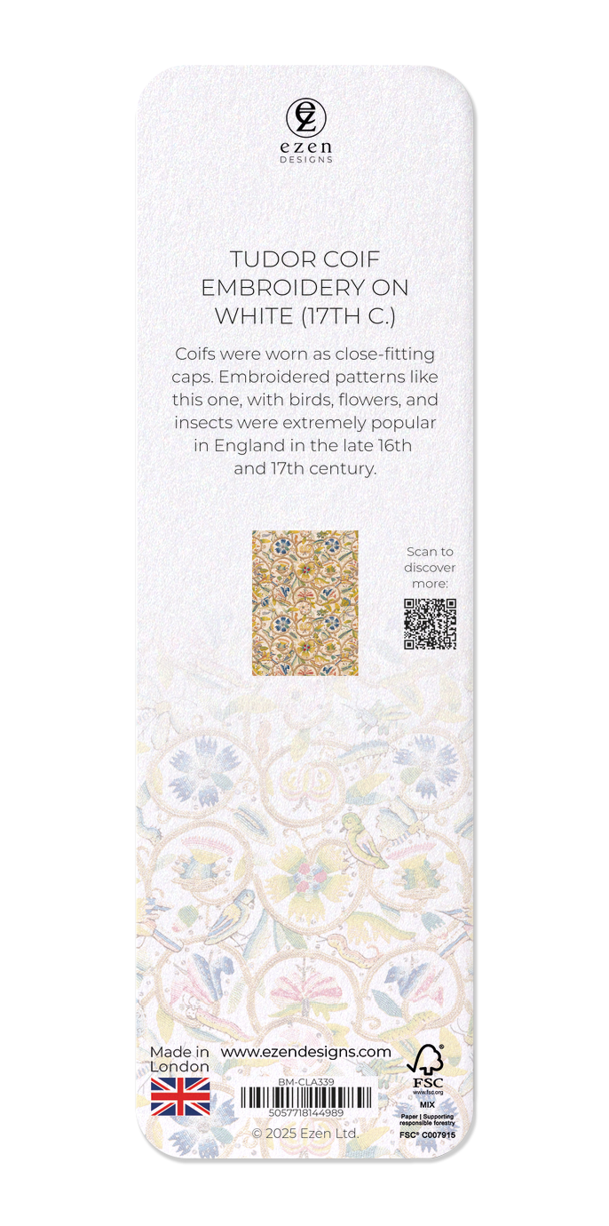 Ezen Designs - Tudor Coif Embroidery on White (17th C.) - Bookmark - Back