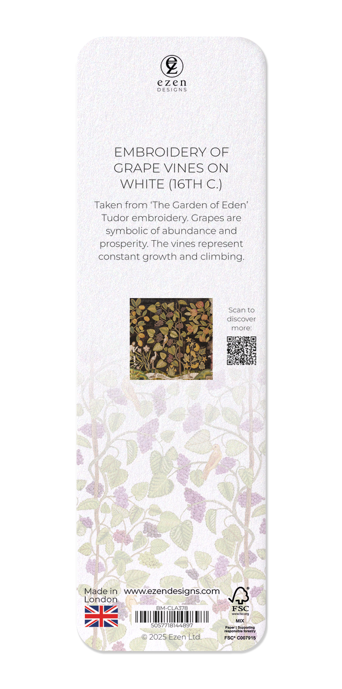 Ezen Designs - Embroidery of Grape Vines on white (16th C.) - Bookmark - Back