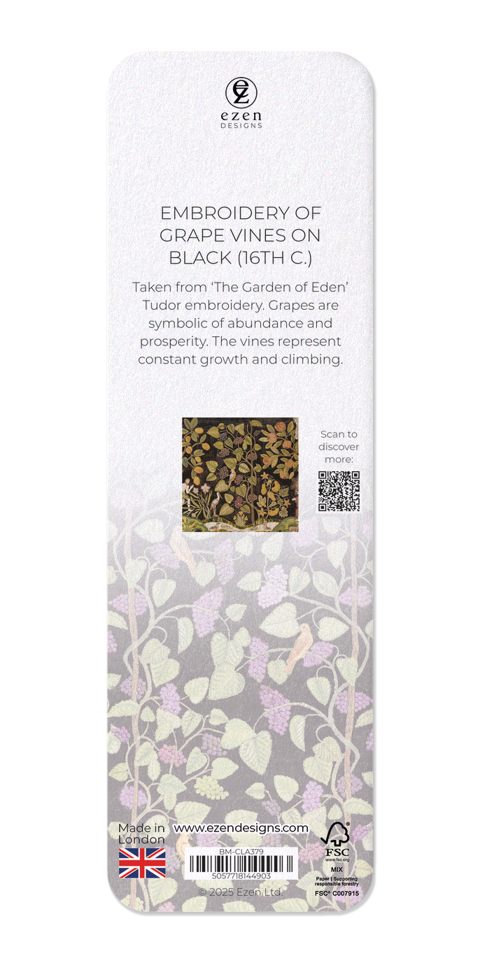 Ezen Designs - Embroidery of Grape Vines on black (16th C.) - Bookmark - Back