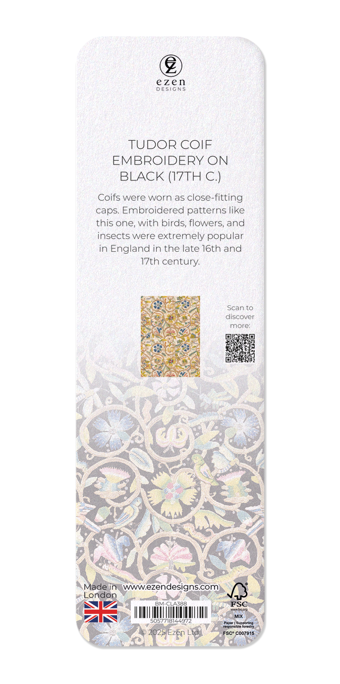 Ezen Designs - Tudor Coif Embroidery on Black (17th C.) - Bookmark - Back