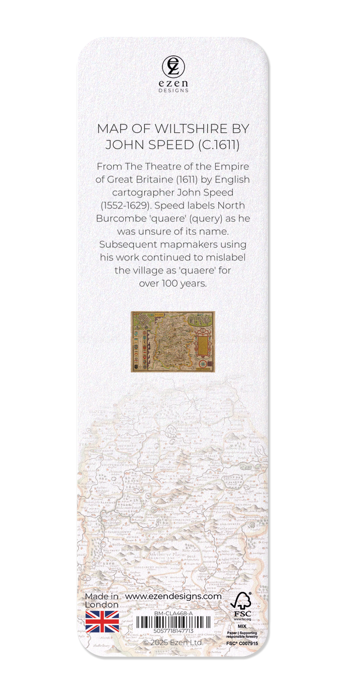 Ezen Designs - Map of Wiltshire by John Speed (c.1611) - Bookmark - Back