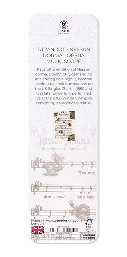 Ezen Designs - TURANDOT - NESSUN DORMA - OPERA MUSIC SCORE - Bookmark - Back