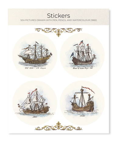 Ezen Designs - Sea Pictures Drawn with Pen, Pencil and Watercolour (1882) - Sticker Set