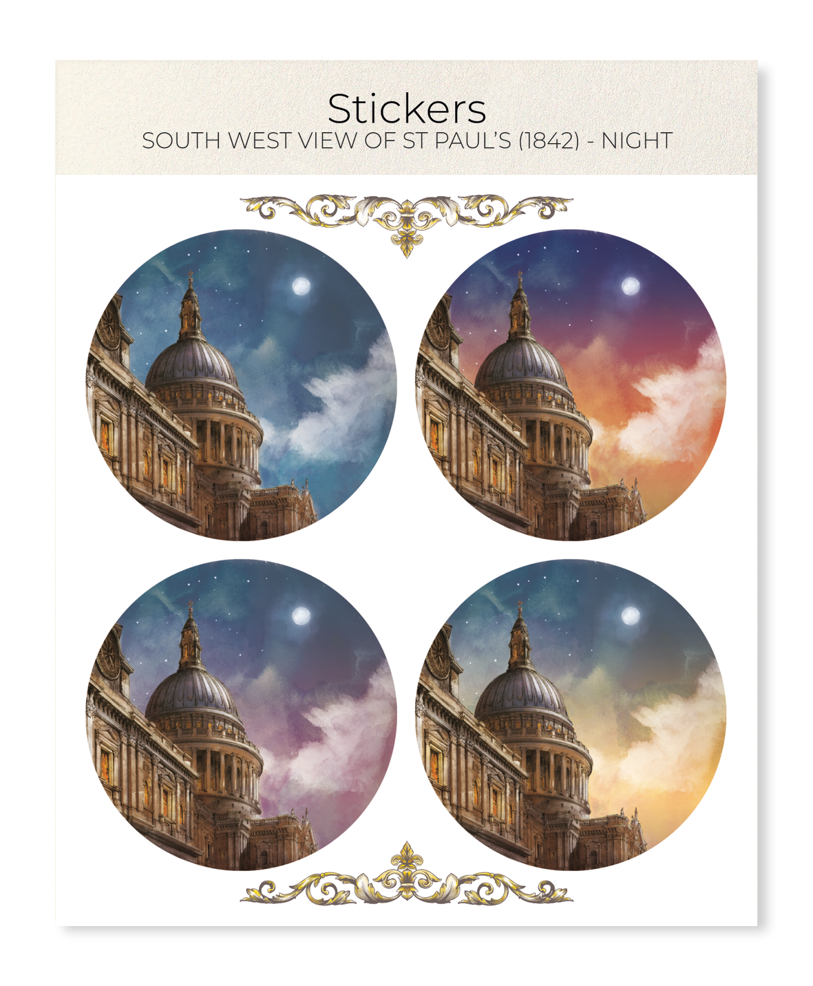 Ezen Designs - South West View of St Paul’s (1842) - Night - Sticker Set