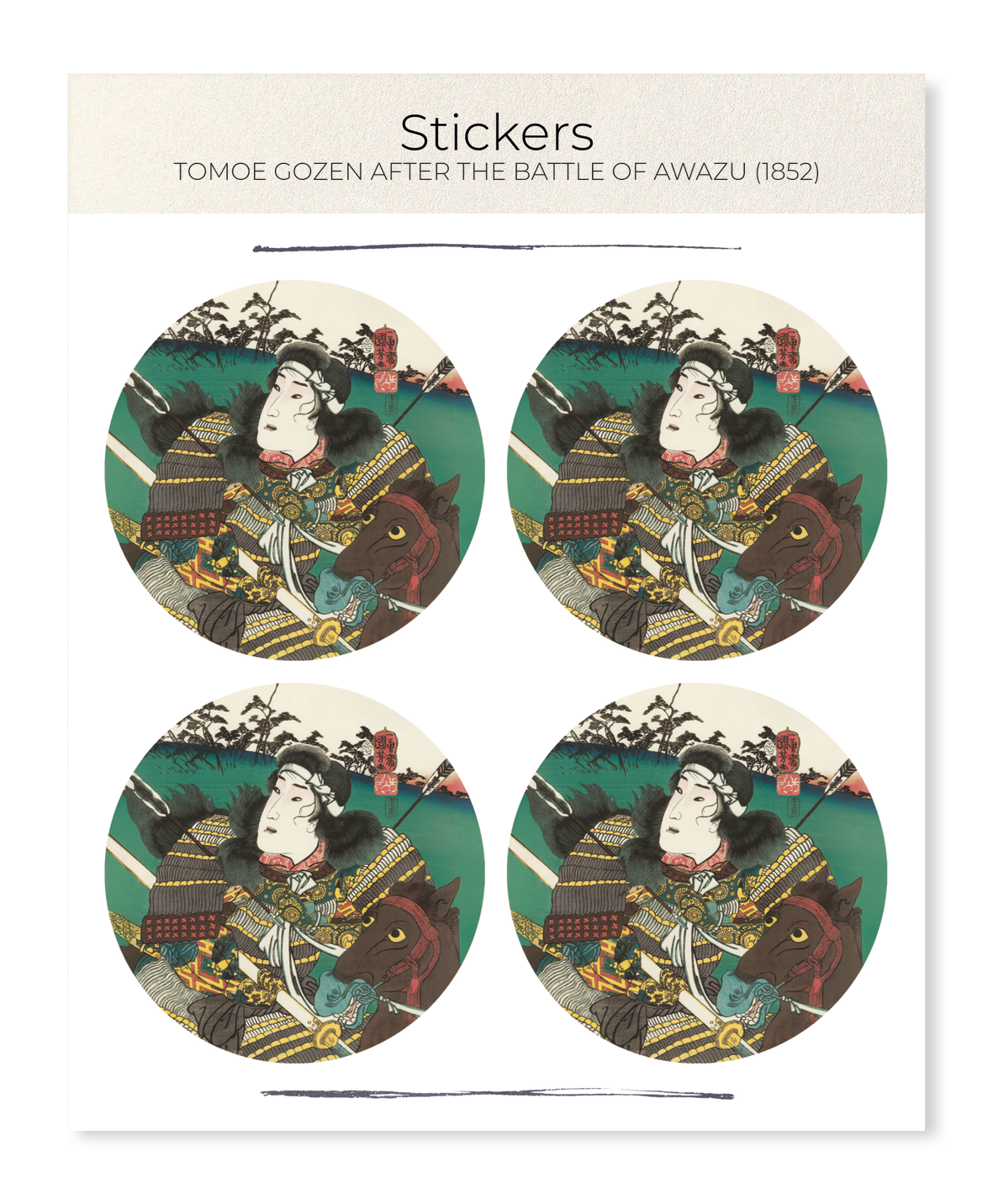 Ezen Designs - Tomoe Gozen after the Battle of Awazu (1852) - Sticker Set