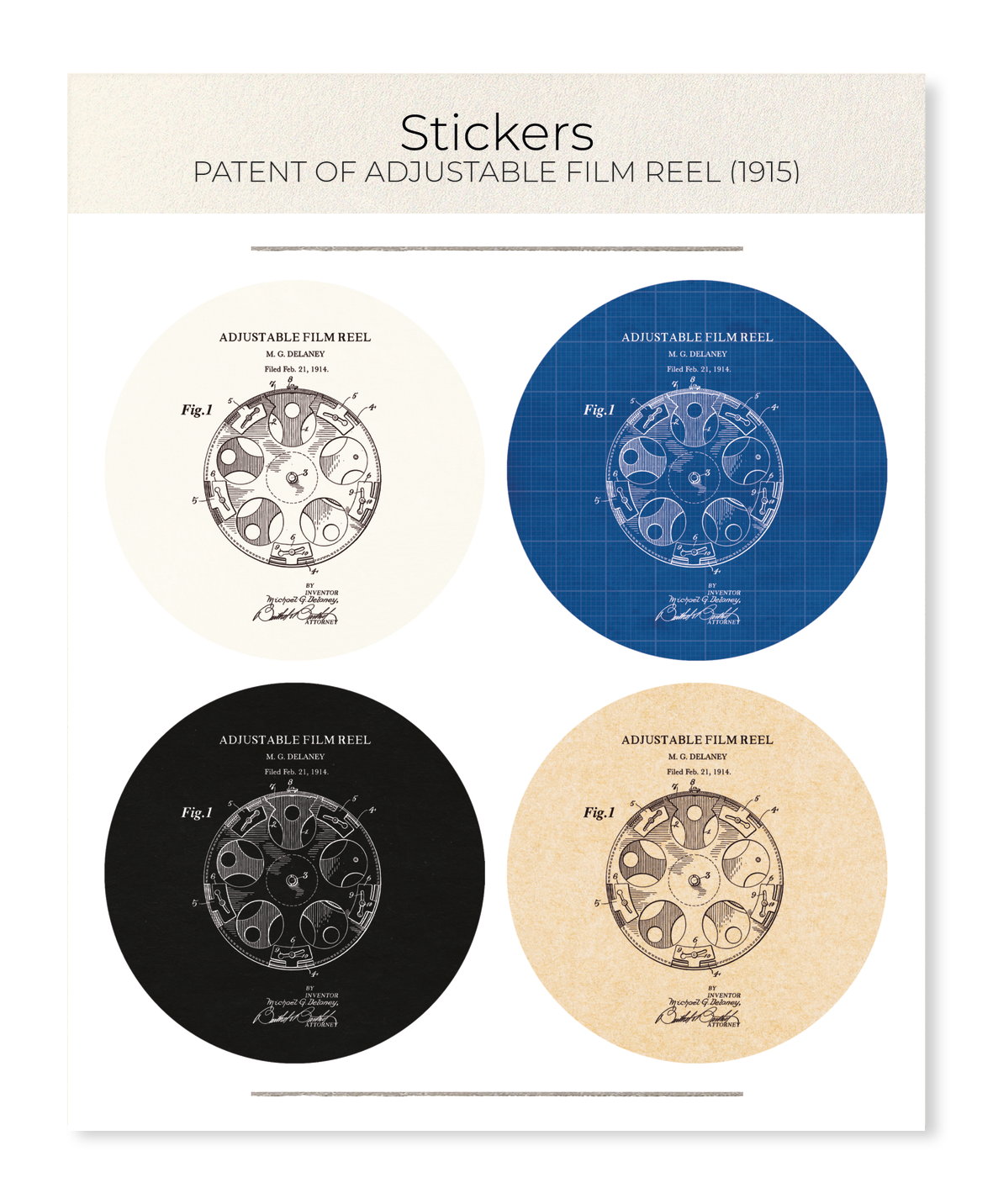 Ezen Designs - Patent of adjustable film reel (1915) - Sticker Set